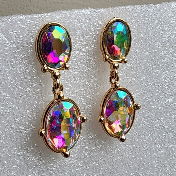 NWOT Etsy Iridescent Crystal Beaded Gold Tone Pierced Drop Dangle Earrings - Picture 6 of 15